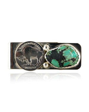 Vintage Style OLD Buffalo Coin Certified Authentic Navajo .925 Sterling Silver and Nickel Natural Turquoise Native American Money Clip 11248