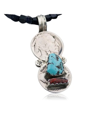 Vintage Style OLD Buffalo Coin Certified Authentic Navajo .925 Sterling Silver Coral and Turquoise Native American Necklace 370883693427