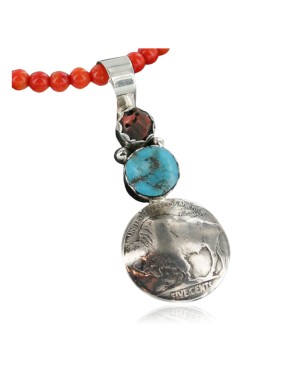 Vintage Style OLD Buffalo Coin Certified Authentic Navajo .925 Sterling Silver Coral and Turquoise Native American Necklace 370966237675