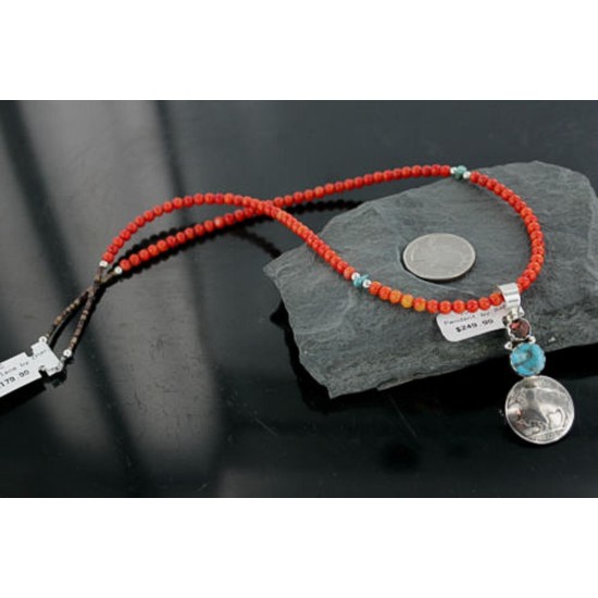 Vintage Style OLD Buffalo Coin Certified Authentic Navajo .925 Sterling Silver Coral and Turquoise Native American Necklace 370966237675