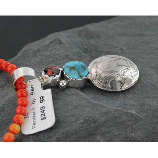 Vintage Style OLD Buffalo Coin Certified Authentic Navajo .925 Sterling Silver Coral and Turquoise Native American Necklace 370966237675
