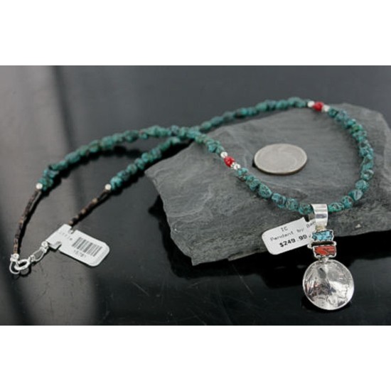 Vintage Style OLD Buffalo Coin Certified Authentic Navajo .925 Sterling Silver Coral and Turquoise Native American Necklace 390702749076
