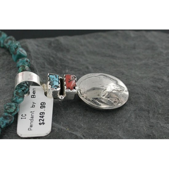 Vintage Style OLD Buffalo Coin Certified Authentic Navajo .925 Sterling Silver Coral and Turquoise Native American Necklace 390702749076