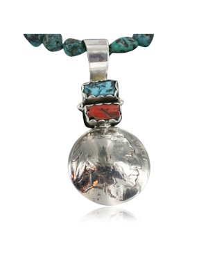 Vintage Style OLD Buffalo Coin Certified Authentic Navajo .925 Sterling Silver Coral and Turquoise Native American Necklace 390702749076