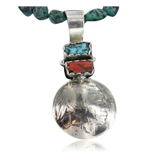 Vintage Style OLD Buffalo Coin Certified Authentic Navajo .925 Sterling Silver Coral and Turquoise Native American Necklace 390702749076