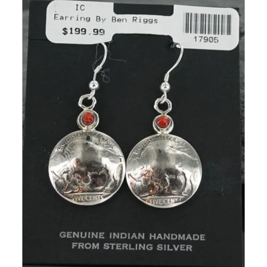 Vintage Style OLD Buffalo Coin Navajo .925 Sterling Silver Coral Silver Native American Earrings 370924499956