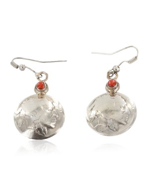 Vintage Style OLD Buffalo Coin Certified Authentic Navajo .925 Sterling Silver Mediterranean Coral Native American Earrings 17930