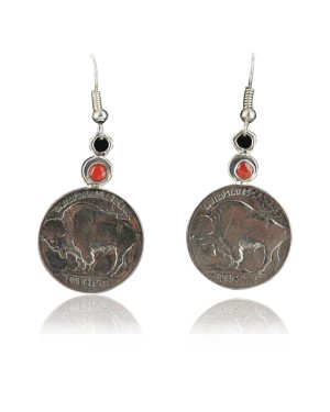 Vintage Style OLD Buffalo Coin Certified Authentic Navajo .925 Sterling Silver Natural Coral Native American Earrings 370918221662