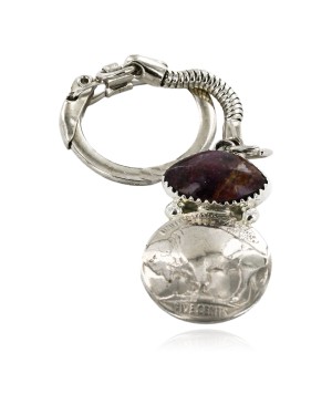 Vintage Style OLD Buffalo Coin Certified Authentic Navajo .925 Sterling Silver Natural Purple Spiny Oyster Native American Keychain 10336-5