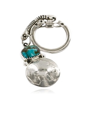 Vintage Style OLD Buffalo Coin Certified Authentic Navajo .925 Sterling Silver Natural Turquoise Native American Keychain 1 10336-1