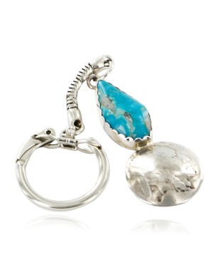 Vintage Style OLD Buffalo Coin Certified Authentic Navajo .925 Sterling Silver Natural Turquoise Native American Keychain 10320-2