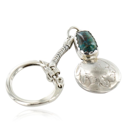 Vintage Style OLD Buffalo Coin Certified Authentic Navajo .925 Sterling Silver Natural Turquoise Native American Keychain 10320-4