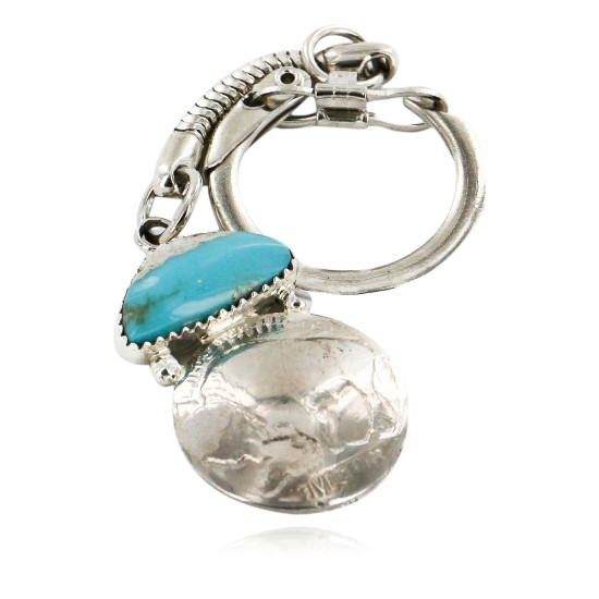Vintage Style OLD Buffalo Coin Certified Authentic Navajo .925 Sterling Silver Natural Turquoise Native American Keychain 10336-2