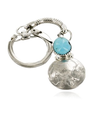 Vintage Style OLD Buffalo Coin Certified Authentic Navajo .925 Sterling Silver Natural Turquoise Native American Keychain 10336-3