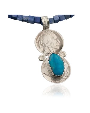 Vintage Style OLD Buffalo Coin Certified Authentic Navajo .925 Sterling Silver Natural Turquoise Native American Necklace 370843756290