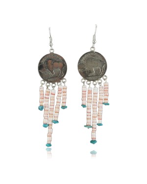 Vintage Style OLD Buffalo Coin Certified Authentic Navajo .925 Sterling Silver Spiny Oyster and Turquoise Native American Earrings 390676314850