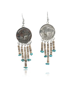 Vintage Style OLD Buffalo Coin Certified Authentic Navajo .925 Sterling Silver Spiny Oyster and Turquoise Native American Earrings 390679171533