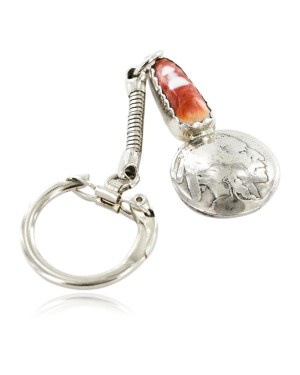 Vintage Style OLD Buffalo Coin Certified Authentic Navajo .925 Sterling Silver Spiny Oyster Native American Keychain 10320-3