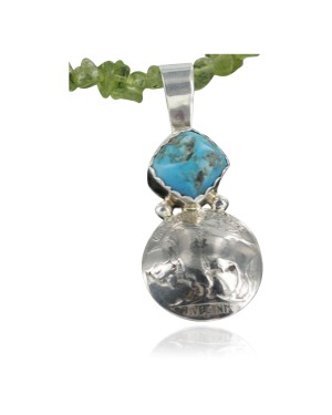 Vintage Style OLD Buffalo Coin Certified Authentic Navajo .925 Sterling Silver Turquoise and Peridot Native American Necklace 370955553043
