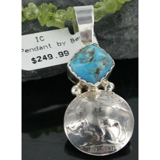 Vintage Style OLD Buffalo Coin Certified Authentic Navajo .925 Sterling Silver Turquoise and Peridot Native American Necklace 370955553043