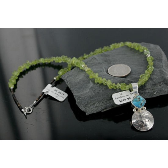 Vintage Style OLD Buffalo Coin Certified Authentic Navajo .925 Sterling Silver Turquoise and Peridot Native American Necklace 370955553043