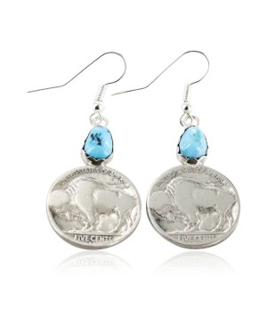 Vintage Style OLD Buffalo Coin Certified Authentic Navajo .925 Sterling Silver Turquoise Native American Earrings 18077-1