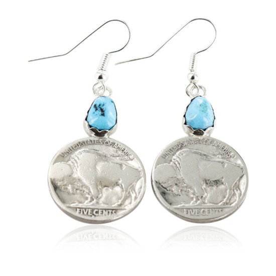 Vintage Style OLD Buffalo Coin Certified Authentic Navajo .925 Sterling Silver Turquoise Native American Earrings 18077-1