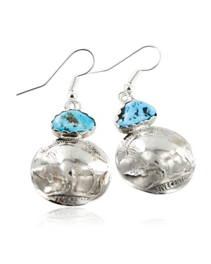 Vintage Style OLD Buffalo Coin Certified Authentic Navajo .925 Sterling Silver Turquoise Native American Earrings 18077-2