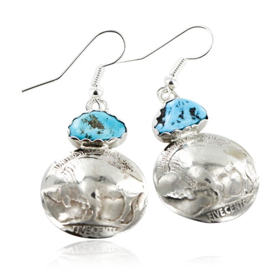 Vintage Style OLD Buffalo Coin Certified Authentic Navajo .925 Sterling Silver Turquoise Native American Earrings 18077-2
