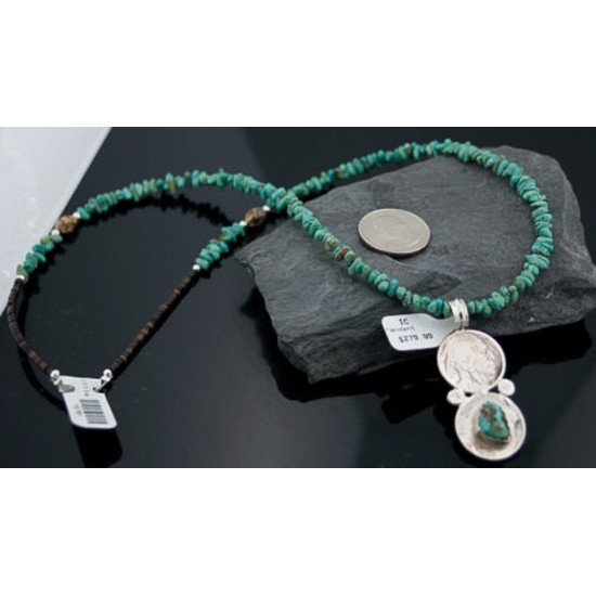 Vintage Style OLD Buffalo Coin Certified Authentic Navajo .925 Sterling Silver Turquoise Native American Necklace 370875966429