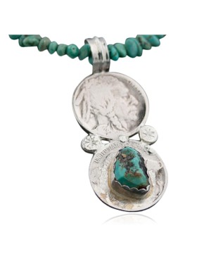 Vintage Style OLD Buffalo Coin Certified Authentic Navajo .925 Sterling Silver Turquoise Native American Necklace 370875966429