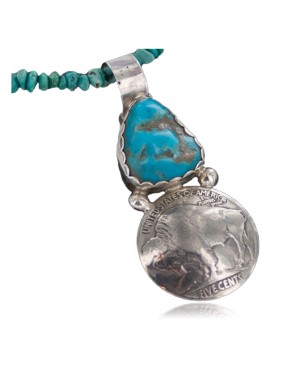 Vintage Style OLD Buffalo Coin Certified Authentic Navajo .925 Sterling Silver Turquoise Native American Necklace 370888286935