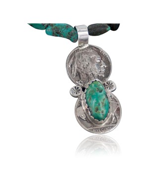 Vintage Style OLD Buffalo Coin Certified Authentic Navajo .925 Sterling Silver Turquoise Native American Necklace 370892537898