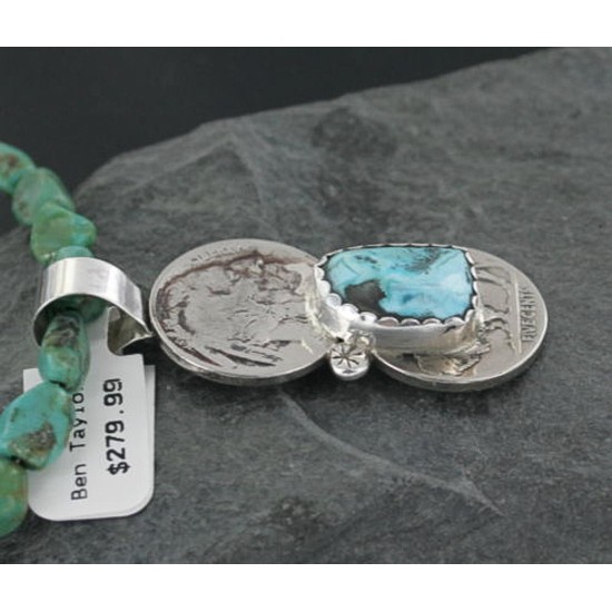 Vintage Style OLD Buffalo Coin Certified Authentic Navajo .925 Sterling Silver Turquoise Native American Necklace 370906002070