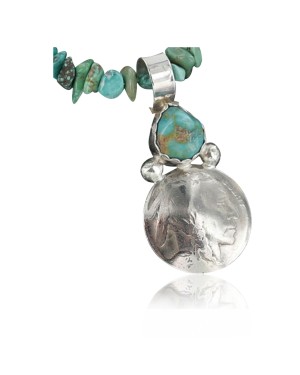 Vintage Style OLD Buffalo Coin Certified Authentic Navajo .925 Sterling Silver Turquoise Native American Necklace 370913620013
