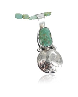 Vintage Style OLD Buffalo Coin Certified Authentic Navajo .925 Sterling Silver Turquoise Native American Necklace 370919179408