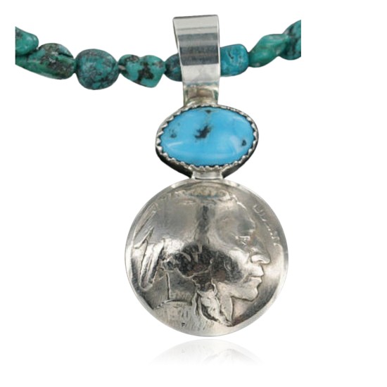 Vintage Style OLD Buffalo Coin Certified Authentic Navajo .925 Sterling Silver Turquoise Native American Necklace 370922458208