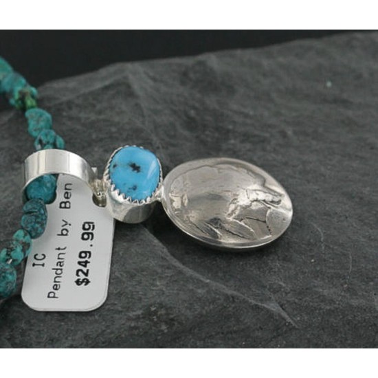 Vintage Style OLD Buffalo Coin Certified Authentic Navajo .925 Sterling Silver Turquoise Native American Necklace 370922458208