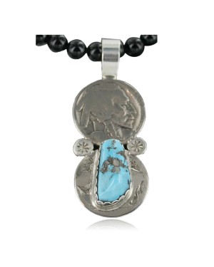 Vintage Style OLD Buffalo Coin Certified Authentic Navajo .925 Sterling Silver Turquoise Native American Necklace 370925594092