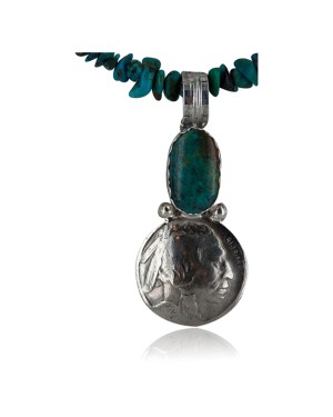 Vintage Style OLD Buffalo Coin Certified Authentic Navajo .925 Sterling Silver Turquoise Native American Necklace 370990260810