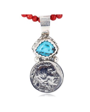 Vintage Style OLD Buffalo Coin Certified Authentic Navajo .925 Sterling Silver Turquoise Native American Necklace 371041129239