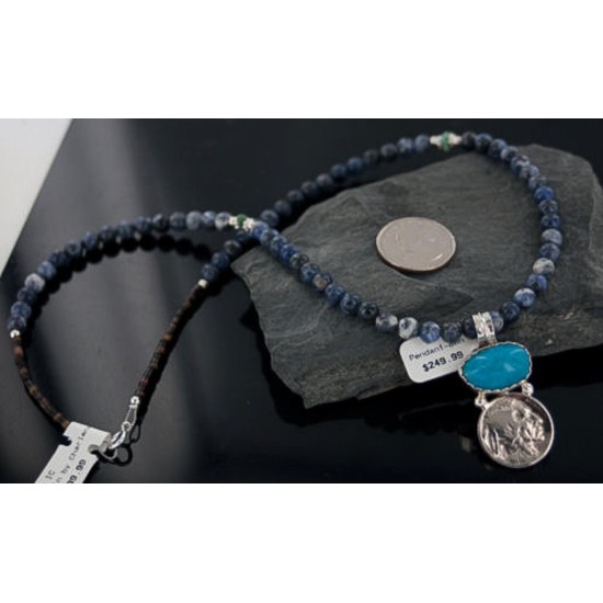 Vintage Style OLD Buffalo Coin Certified Authentic Navajo .925 Sterling Silver Turquoise Native American Necklace 390650301623