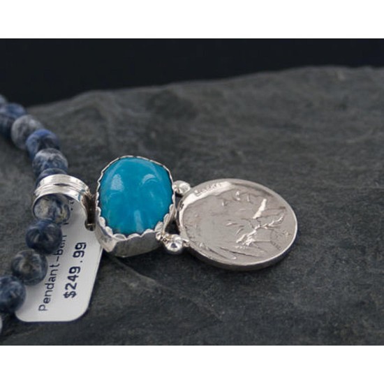 Vintage Style OLD Buffalo Coin Certified Authentic Navajo .925 Sterling Silver Turquoise Native American Necklace 390650301623