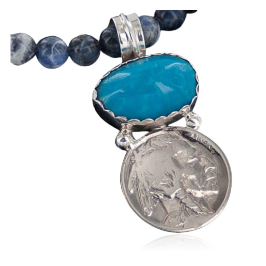 Vintage Style OLD Buffalo Coin Certified Authentic Navajo .925 Sterling Silver Turquoise Native American Necklace 390650301623