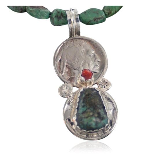 Vintage Style OLD Buffalo Coin Certified Authentic Navajo .925 Sterling Silver Turquoise Native American Necklace 390655136962