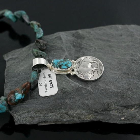 Vintage Style OLD Buffalo Coin Certified Authentic Navajo .925 Sterling Silver Turquoise Native American Necklace 390665988592