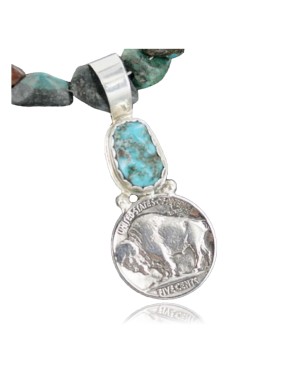Vintage Style OLD Buffalo Coin Certified Authentic Navajo .925 Sterling Silver Turquoise Native American Necklace 390665988592
