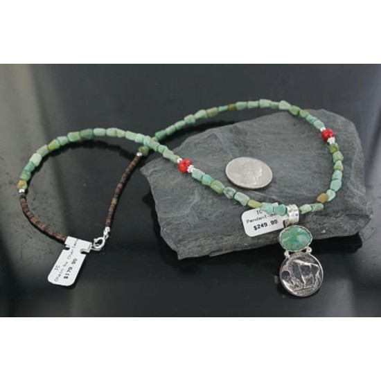 Vintage Style OLD Buffalo Coin Certified Authentic Navajo .925 Sterling Silver Turquoise Native American Necklace 390678083188