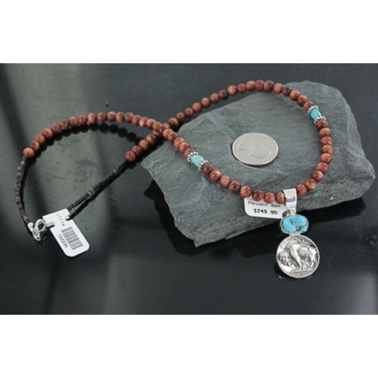 Vintage Style OLD Buffalo Coin Certified Authentic Navajo .925 Sterling Silver Turquoise Native American Necklace 390682426338