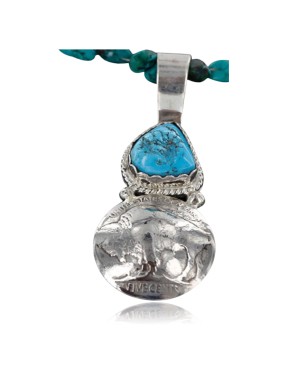 Vintage Style OLD Buffalo Coin Certified Authentic Navajo .925 Sterling Silver Turquoise Native American Necklace 390747263087